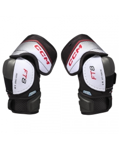 Hero view of the CCM JetSpeed FT8 senior elbow pads showing full exterior protection including bicep and forearm guards.