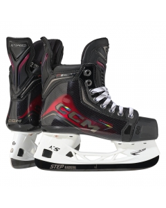 Hero image of CCM JETSPEED FT8 PRO Junior Skates showing side profile and STEP Blacksteel runner